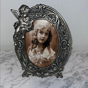 Vintage Oval Cherub Pewter Metal Ornate Picture Frame